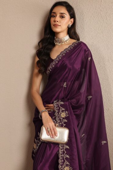 Burgundy Embroidered Silk Blend Saree With Unstitched Blouse Piece