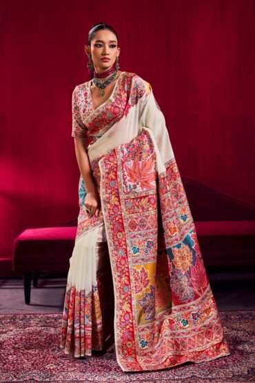 Nadine White Modal Cotton Pashmina Weaving Ready to Wear Saree