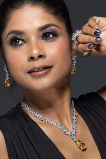 White Rhodium Finish Yellow Sapphire Stone Drop
Necklace Set