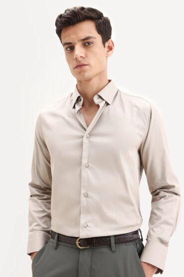 Aentic Men's Como-25 Light Beige Cotton Blend Plain Regular Fit Full Sleeve Collared Shirt