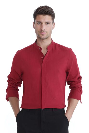 Aentic Men's Crinkle-25 Red Plain Regular Fit Full Sleeve Mandarin Collar Shirt