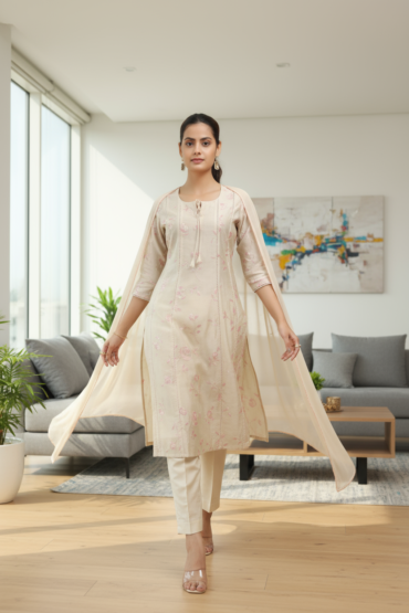 Cream Chanderi Embroidered A Line Kurta Pant and Dupatta Suit Set