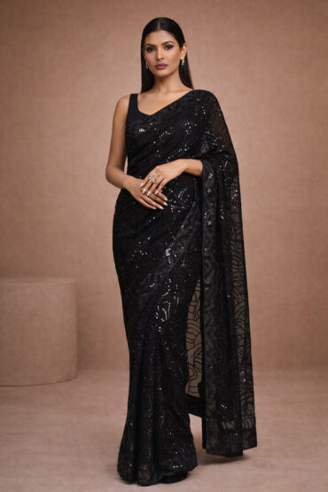 Nyris Black Sequins Georgette Aentic Saree