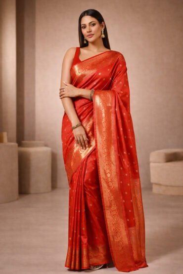 Adina Red Silk Embroidered Lace Aentic Saree