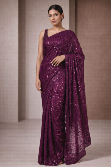 Nyris Magenta Georgette Sequins Aentic Saree