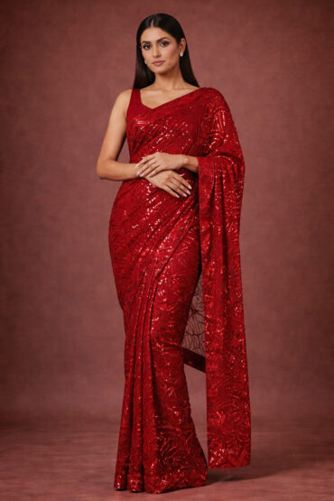Nyris Red Sequins Georgette Aentic Saree
