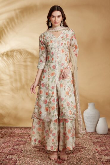 Cream Chinnon Embroidered A Line Kurta Pant and Dupatta Suit Set