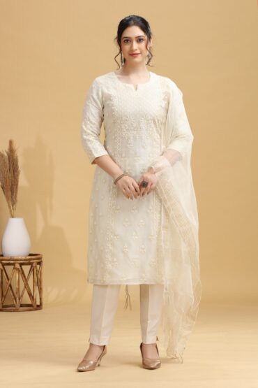 Cream Embroidered Straight Ethnic Set