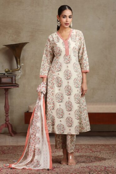 Cream & Peach Floral Printed A-Line Cotton Ethnic Set