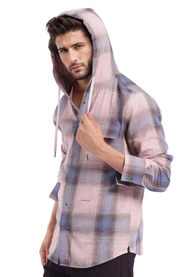 Aentic Men's Dartmouth Dusky Pink Checked Print Oversized Fit Full Sleeve Hooded Shirt