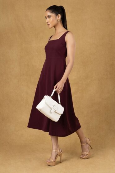 Women Burgundy Solid Strappy Fit And Flared Dress