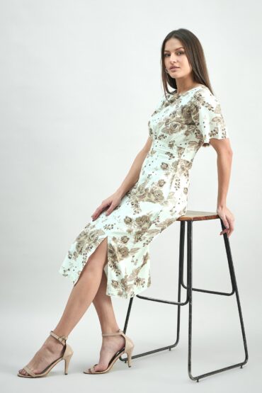 Women White & Beige Floral Print Midi Dress