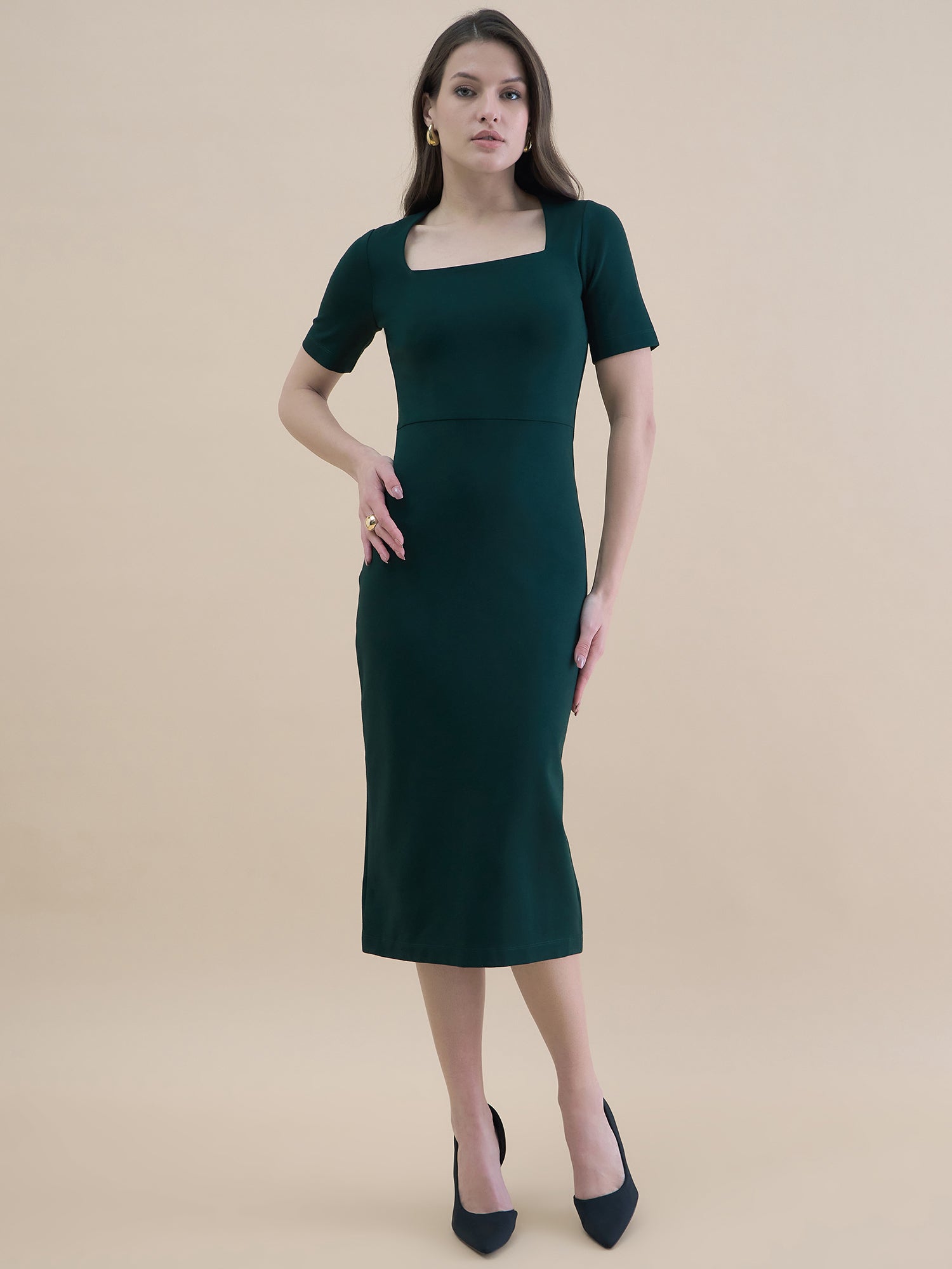 Women Dark Green Square Neck Bodycon Midi Dress