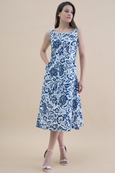 Women Blue-White floral print midi dress