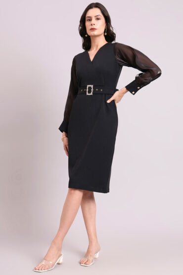 Women Black Stretch Midi Dress