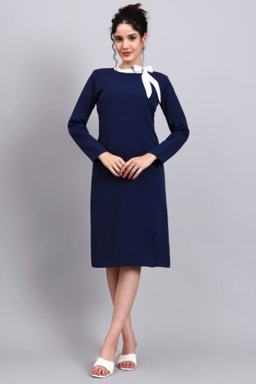 Women Navy Blue White Tie Dress