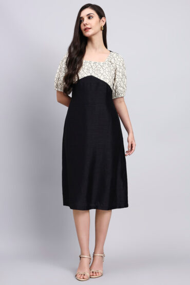 Women Black & Beige Floral Bodice Black Dress