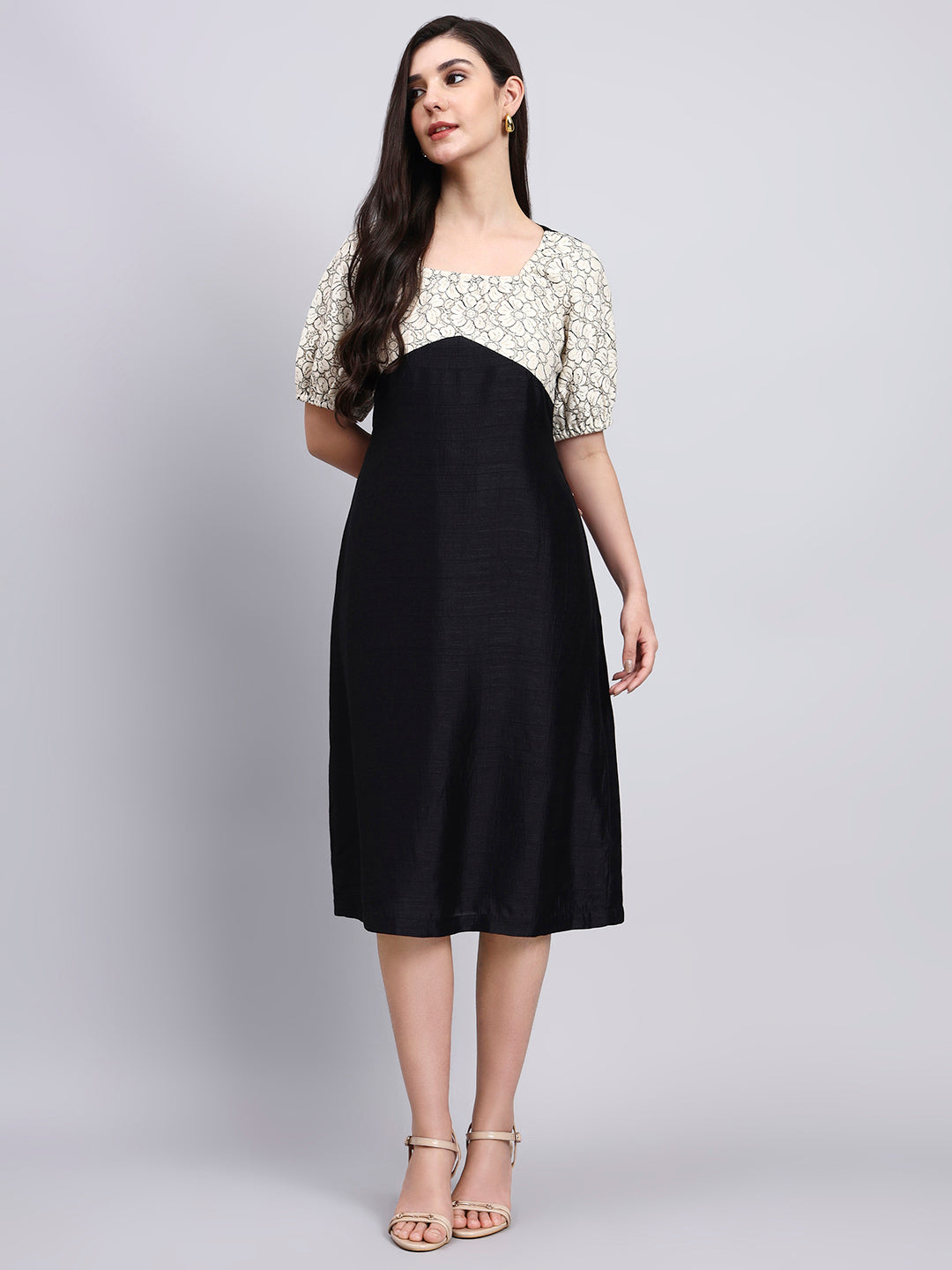 Women Black & Beige Floral Bodice Black Dress