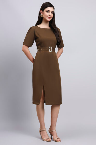 Women Brown crystal-embellished belt Dress