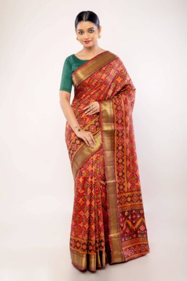 Red Patola Saree with Golden Zari Border