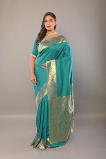 Blue Katan Silk Saree with Contrasting Gold Border and Pallu