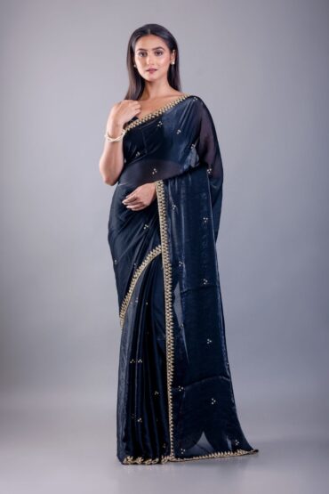 Deep Blue Satin Silk Saree with Hand Embroidered Cutdana Embellishment