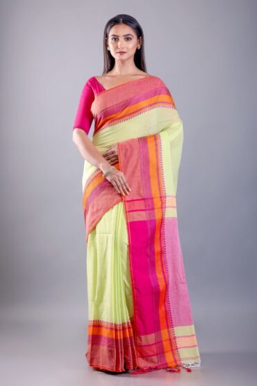 Pink and Lemon Green Bengal Cotton Handloom Saree