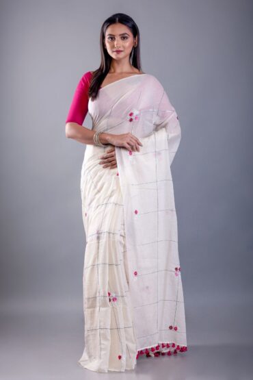 White Mul Cotton Handloom Saree with Pink Thread Knot