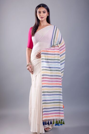 White Mul Cotton Handloom Saree with Multicolor Pallu