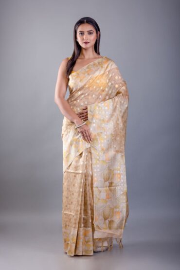 Light Brown Floral Printed Saree with Self Butas