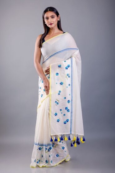 Off White Handloom Cotton Saree with Blue Floral Embroidered
