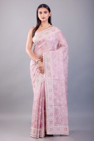 Pink Resham Embroidered Silk Kota Saree