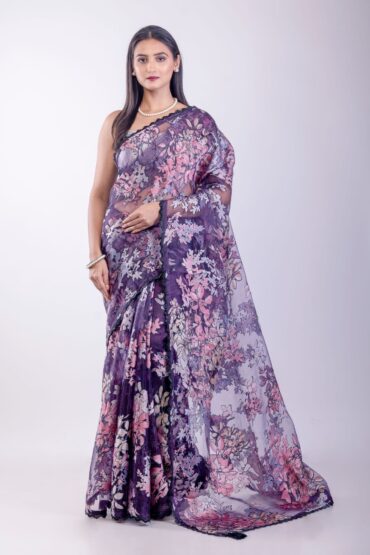 Purple Floral Glass Tissue Saree
