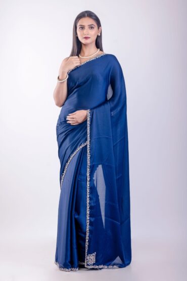 Blue Crepe Silk Saree with Embroidered  Border