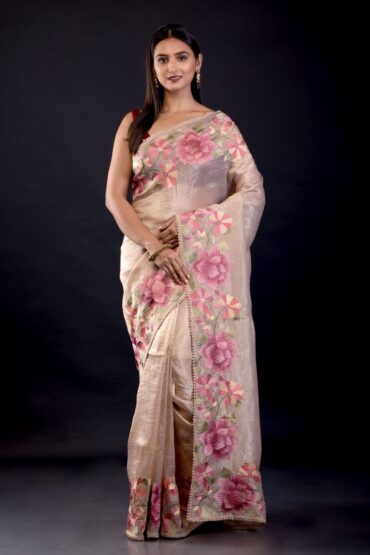 Cream Color Tissue Silk Saree With Floral Embroidered Thread Work