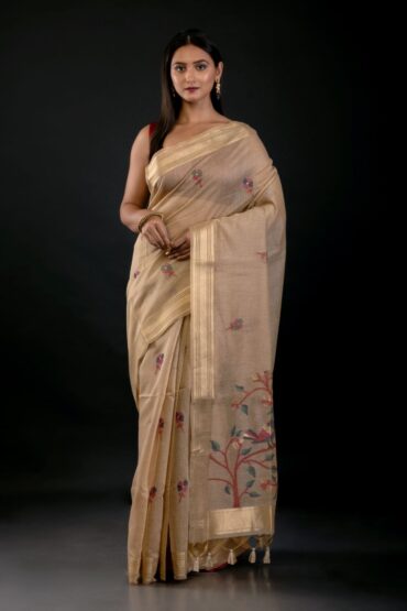 Cream Color Tant Jamdani Saree with Floral Motifs