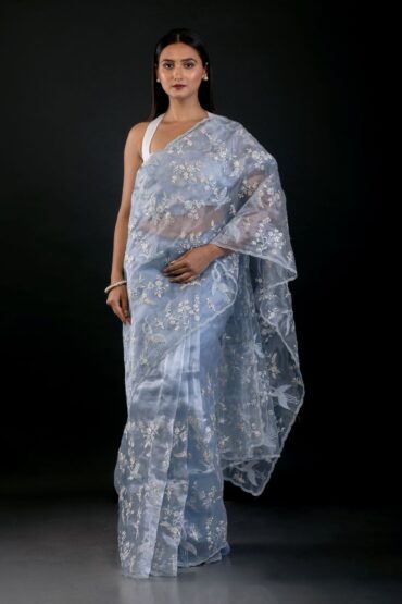Powder Blue Organza Saree with All Over Embroidered Floral Work