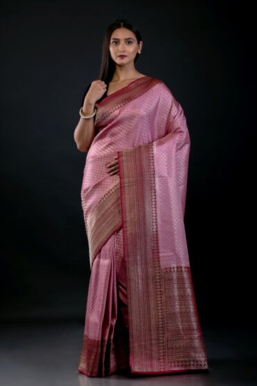 Pink Banarasi Katan Silk Saree with Contrast Golden Border
