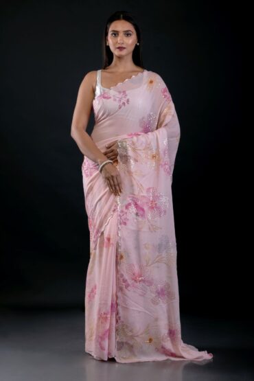 Light Pink Georgette Saree With Floral Print and Embroidered Work