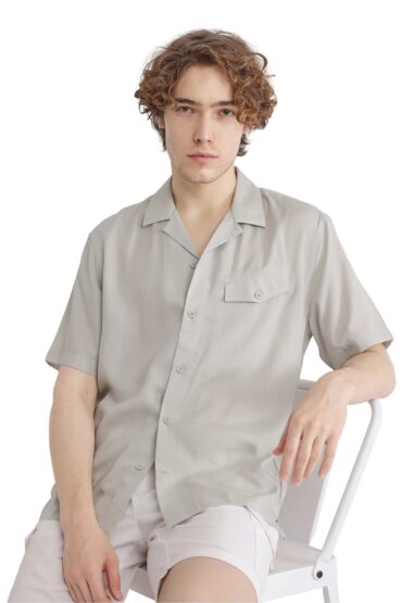 Aentic Men's Dubm Light Grey Modal Plain Relaxed Fit Half Sleeve Cuban Collar Shirt