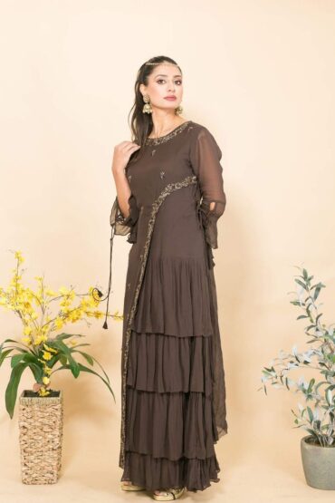 Brown Designer Layered Dress with Sequin and Embroidery Work