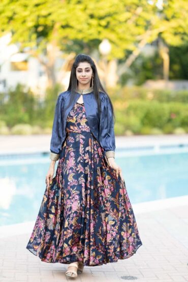 Tealish Blue Printed Georgette Gown with Pastel Blue Cape