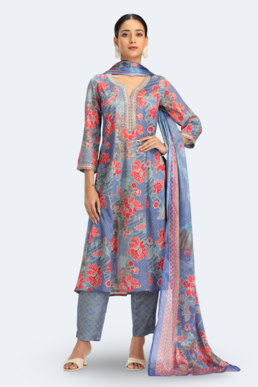 Blue PolySilk Printed Straight Kurta Pant and Dupatta Suit Set