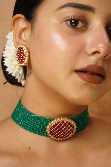 Aabroo Red Enamel Studs & Emerald Bead Choker Set