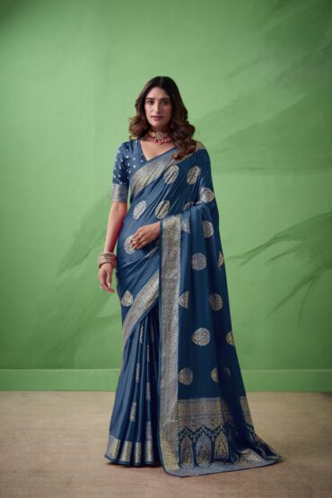 Royal Prussian Banarasi Silk Saree with Intricate Gold Zari Work