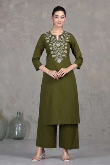 Green Embroidered Cotton Straight Co-ord Set
