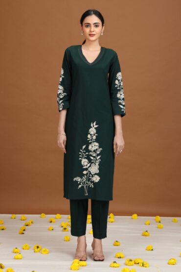 Green Embroidered Straight Co-ord Set