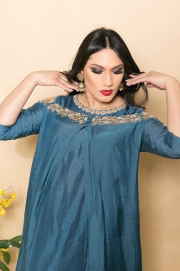 Teal Blue Two Piece Zardosi Embroidered Cotton Silk Gown