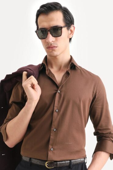 Aentic Men's Holla-Ss26 Brown Cotton Blend Fabric Full Sleeve Spread Collar Regular Fit Plain Shirt