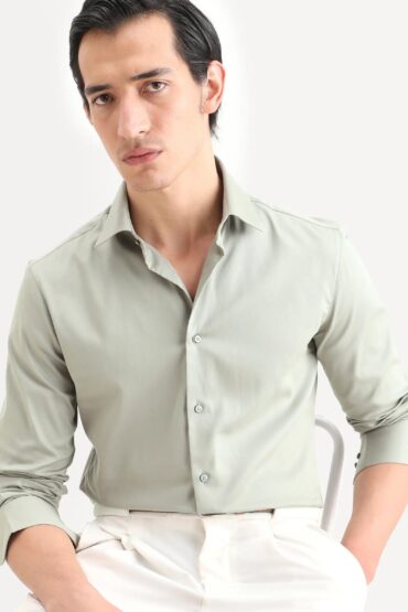 Aentic Men's Holla-Ss26 Pastel Green Cotton Blend Fabric Full Sleeve Spread Collar Regular Fit Plain Shirt